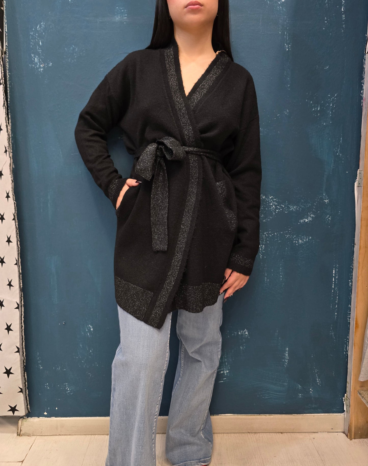 Cardigan Misto Lana Cinturato Bordature Lurex