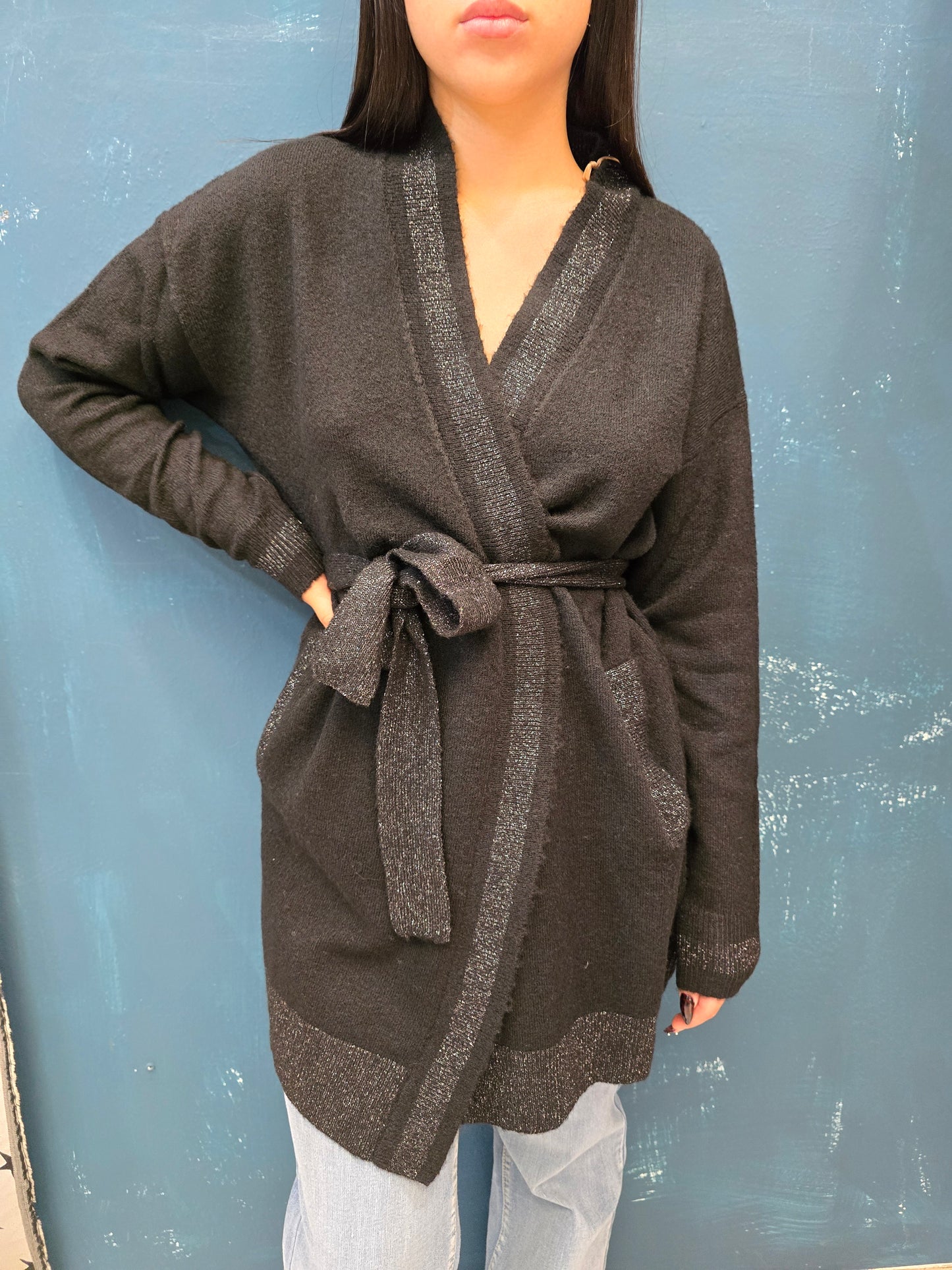 Cardigan Misto Lana Cinturato Bordature Lurex