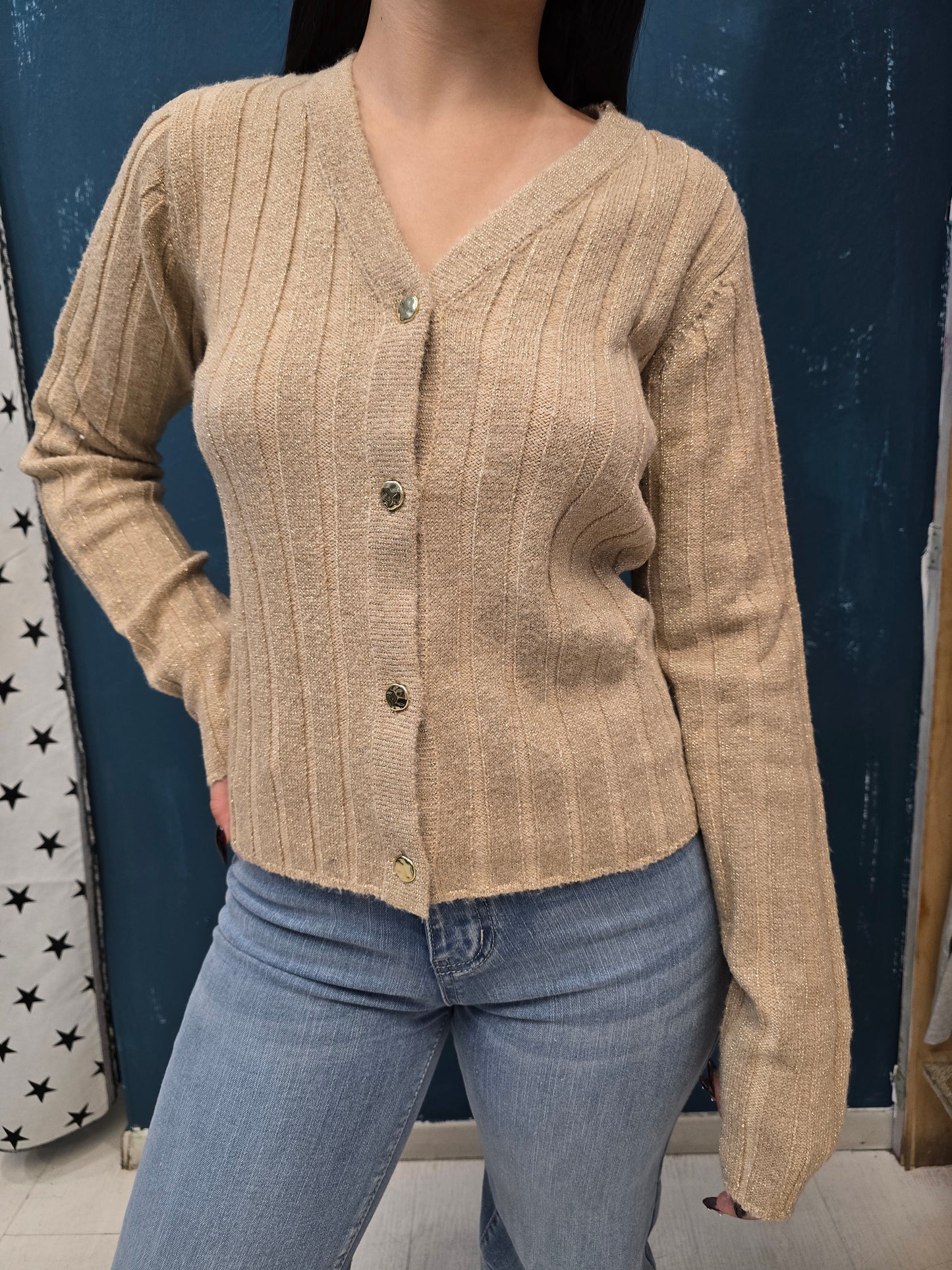 Cardigan Coste Larghe Abbottonato Scollo V Filo Lurex