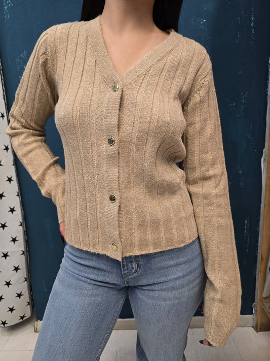 Cardigan Coste Larghe Abbottonato Scollo V Filo Lurex