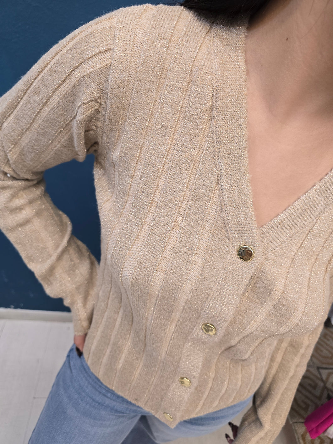 Cardigan Coste Larghe Abbottonato Scollo V Lurex