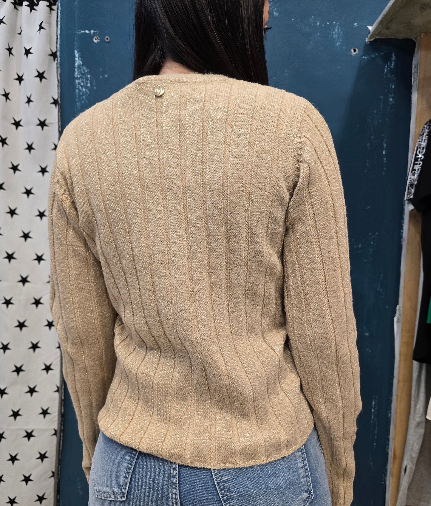 Cardigan Coste Larghe Abbottonato Scollo V Filo Lurex