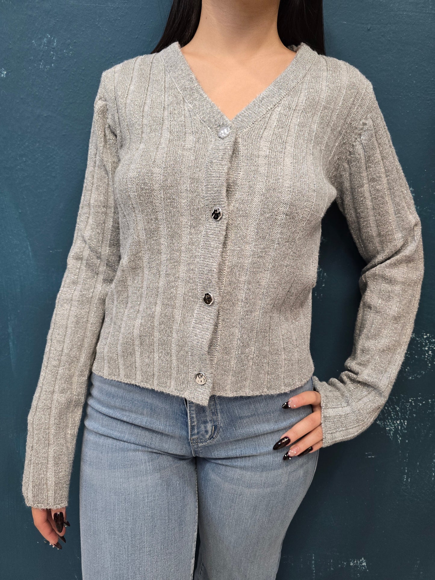 Cardigan Coste Larghe Abbottonato Scollo V Filo Lurex