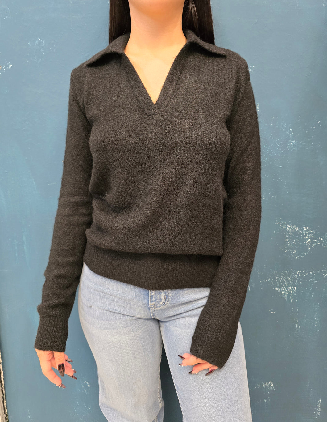 Maglia Colletto Scollo V Misto Lana Nero