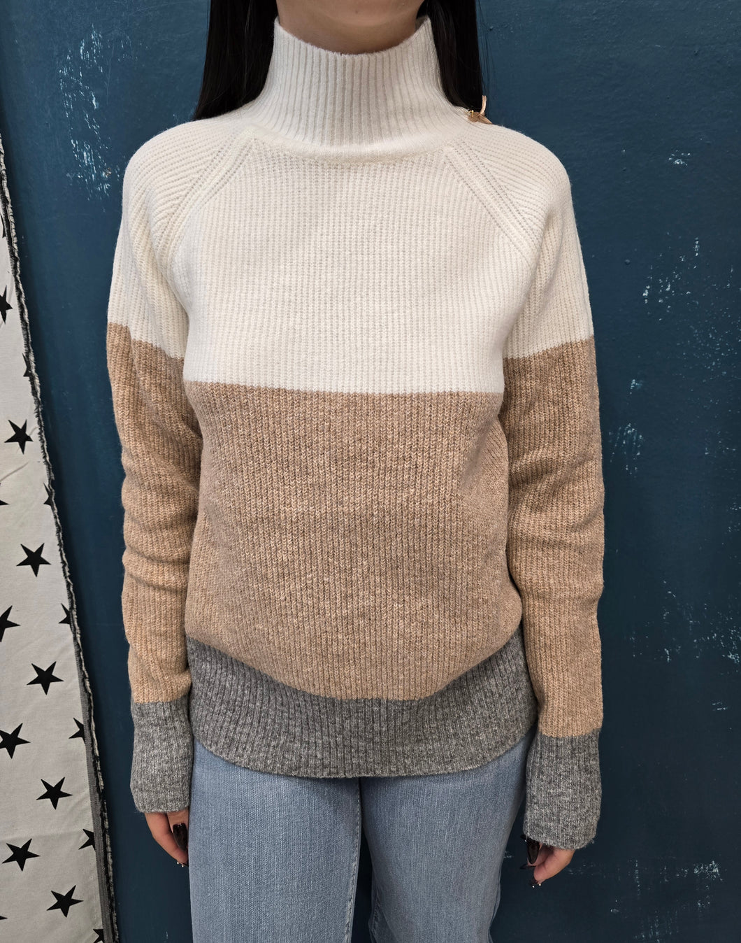 Maglia Dolcevita Righe Grandi Panna Grigio Cammello