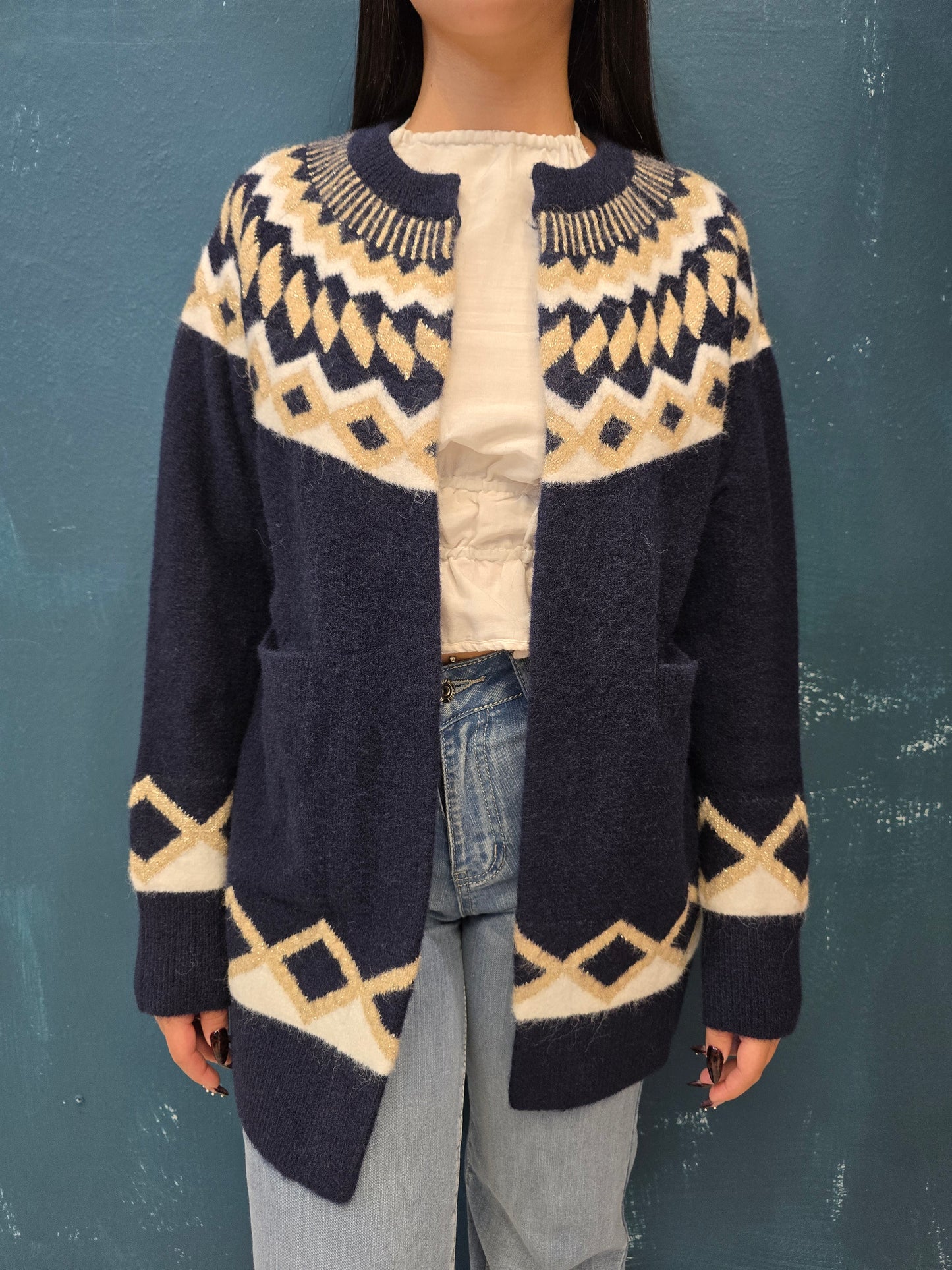 Cappotto Maglia Cardigan Rombi Lurex Blu