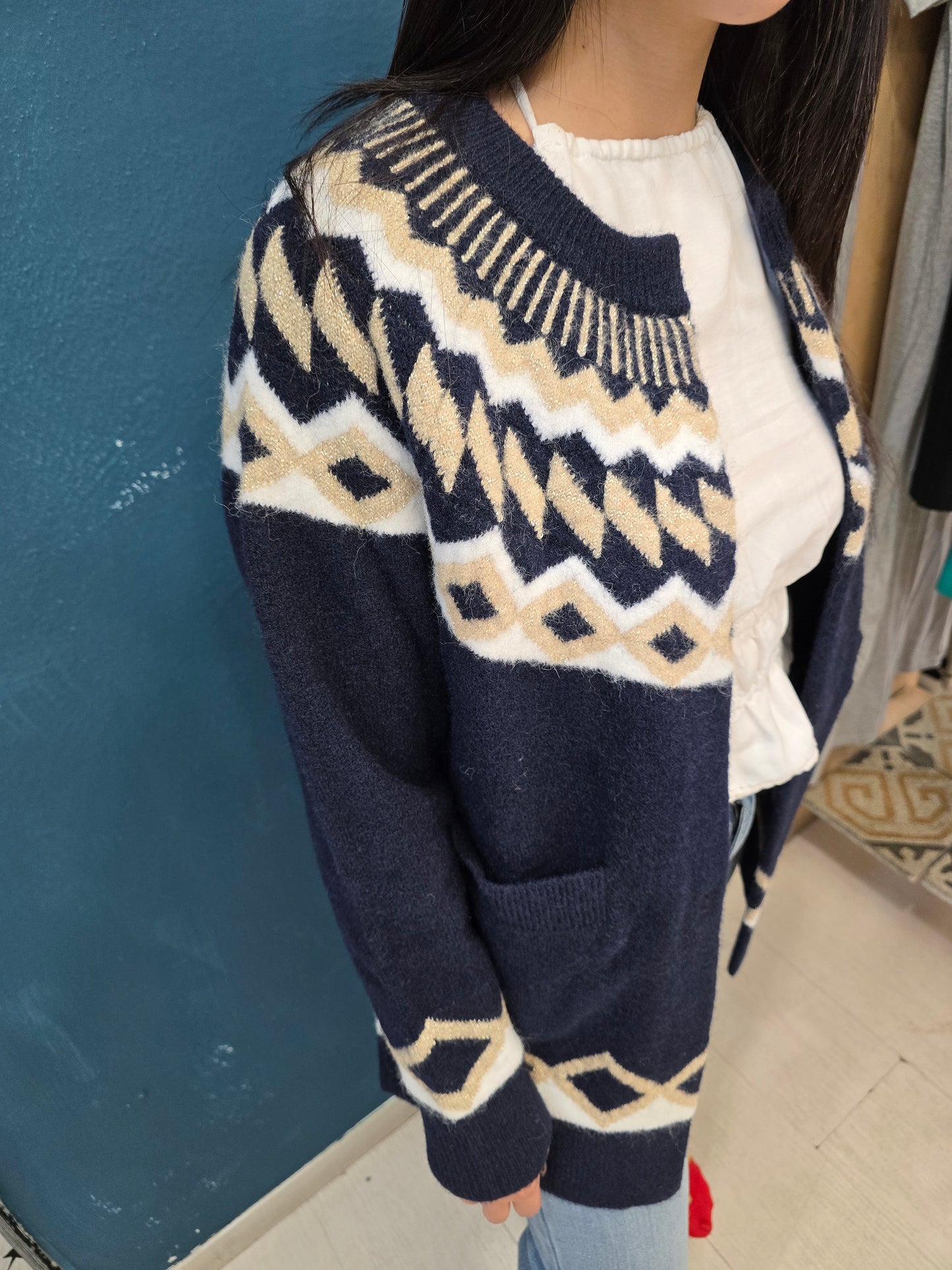 Cappotto Maglia Cardigan Rombi Lurex Blu