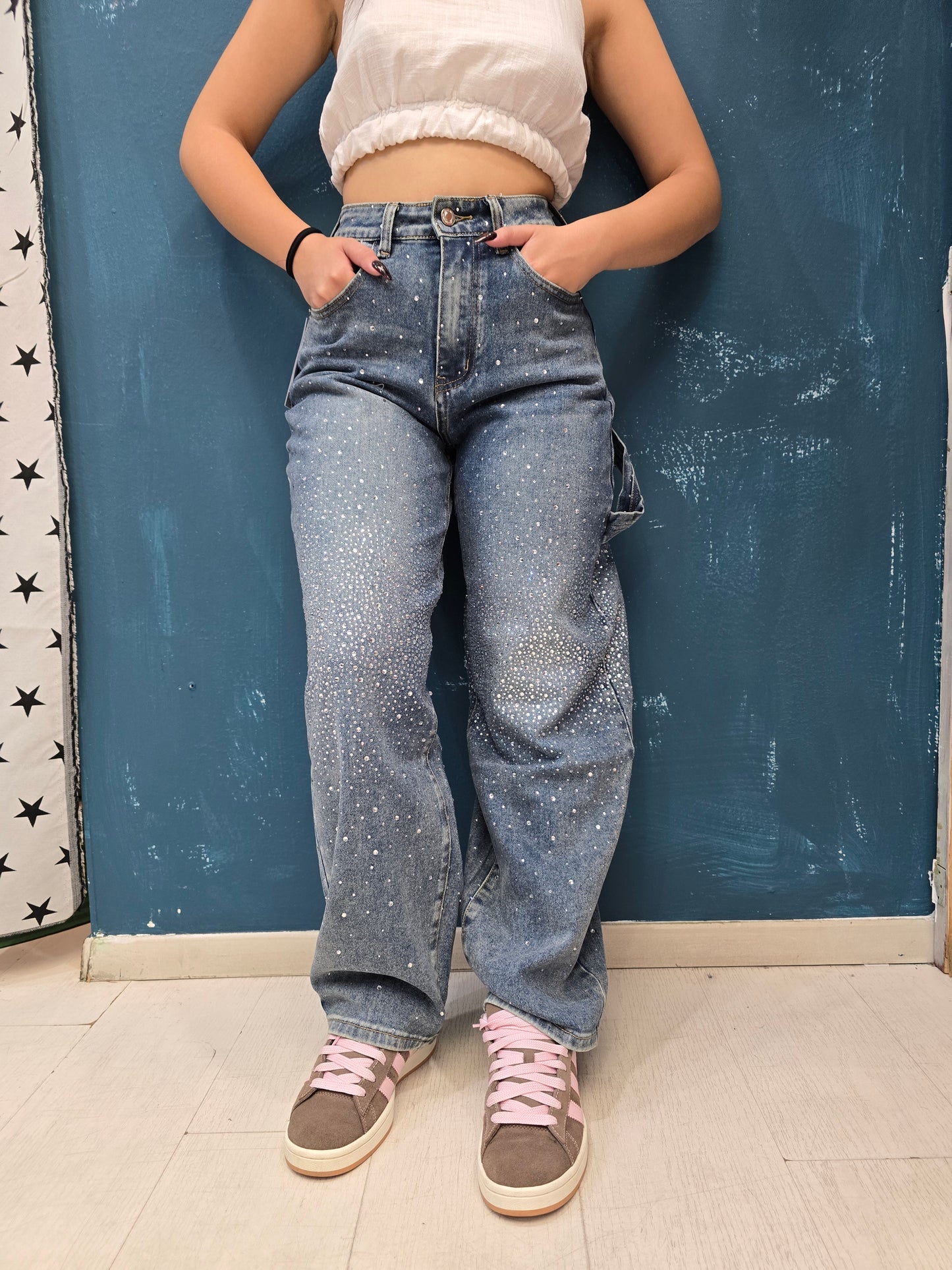 Jeans Elasticizzato Mom Fit Strass Davanti Dietro