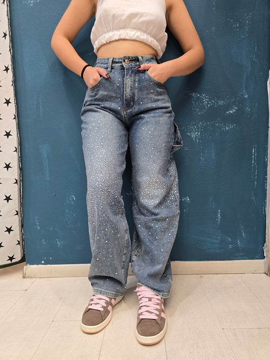 Jeans Elasticizzato Mom Fit Strass Davanti Dietro