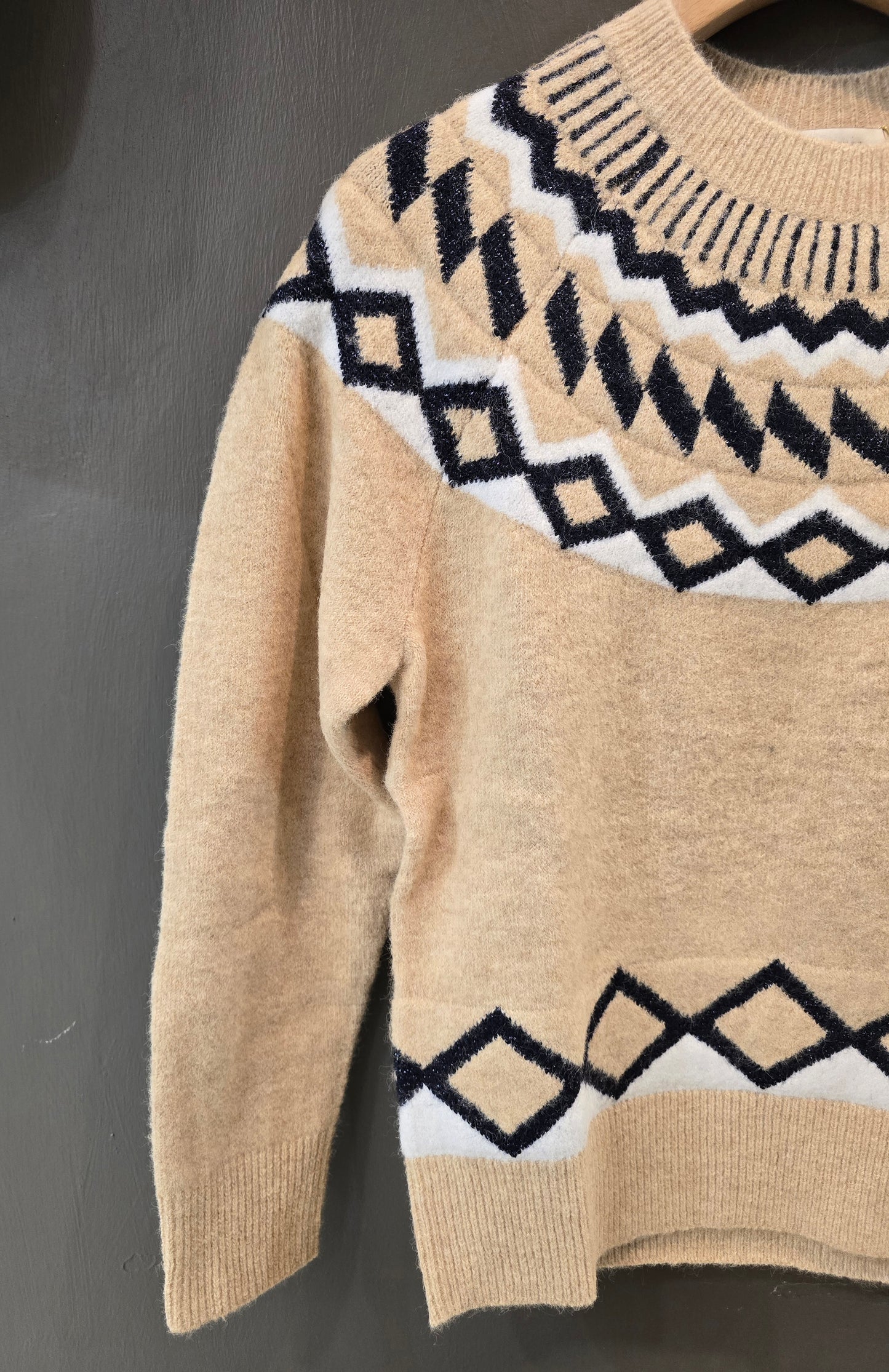 Maglia Misto Lana Collo Rotondo Motivo Rombi Blu Base Cammello