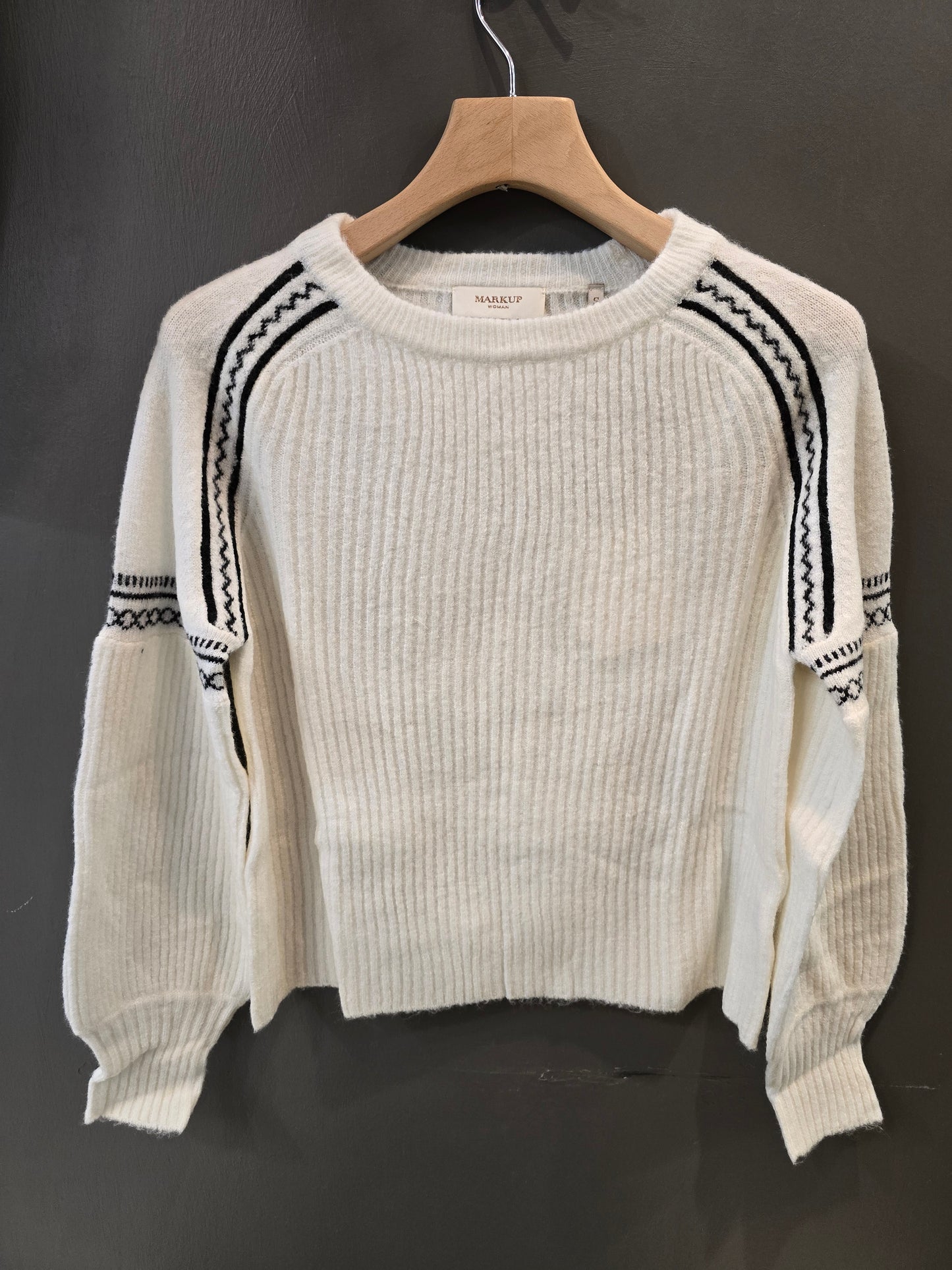 Maglia Paricollo Costa Larga Manica Bombata Greca Rifinitura Bianco