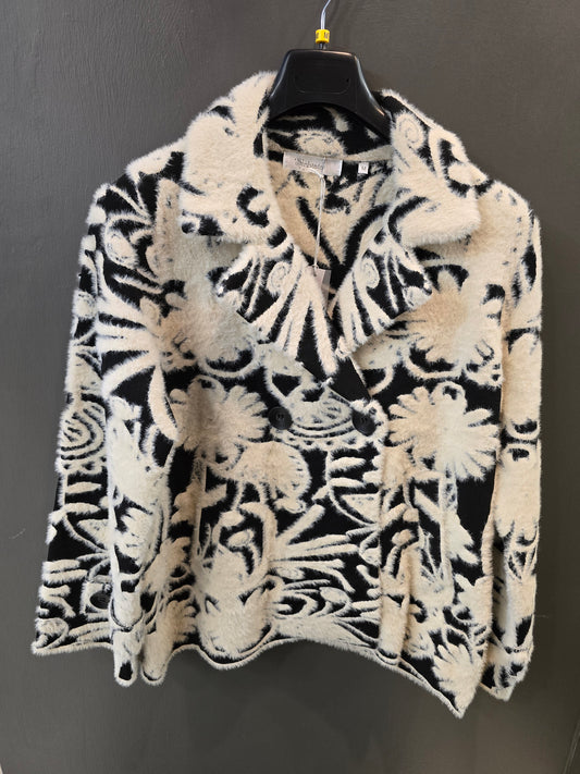 Cappotto Corto Maglia Lavorato Doppiopetto Bianco Nero Floreale