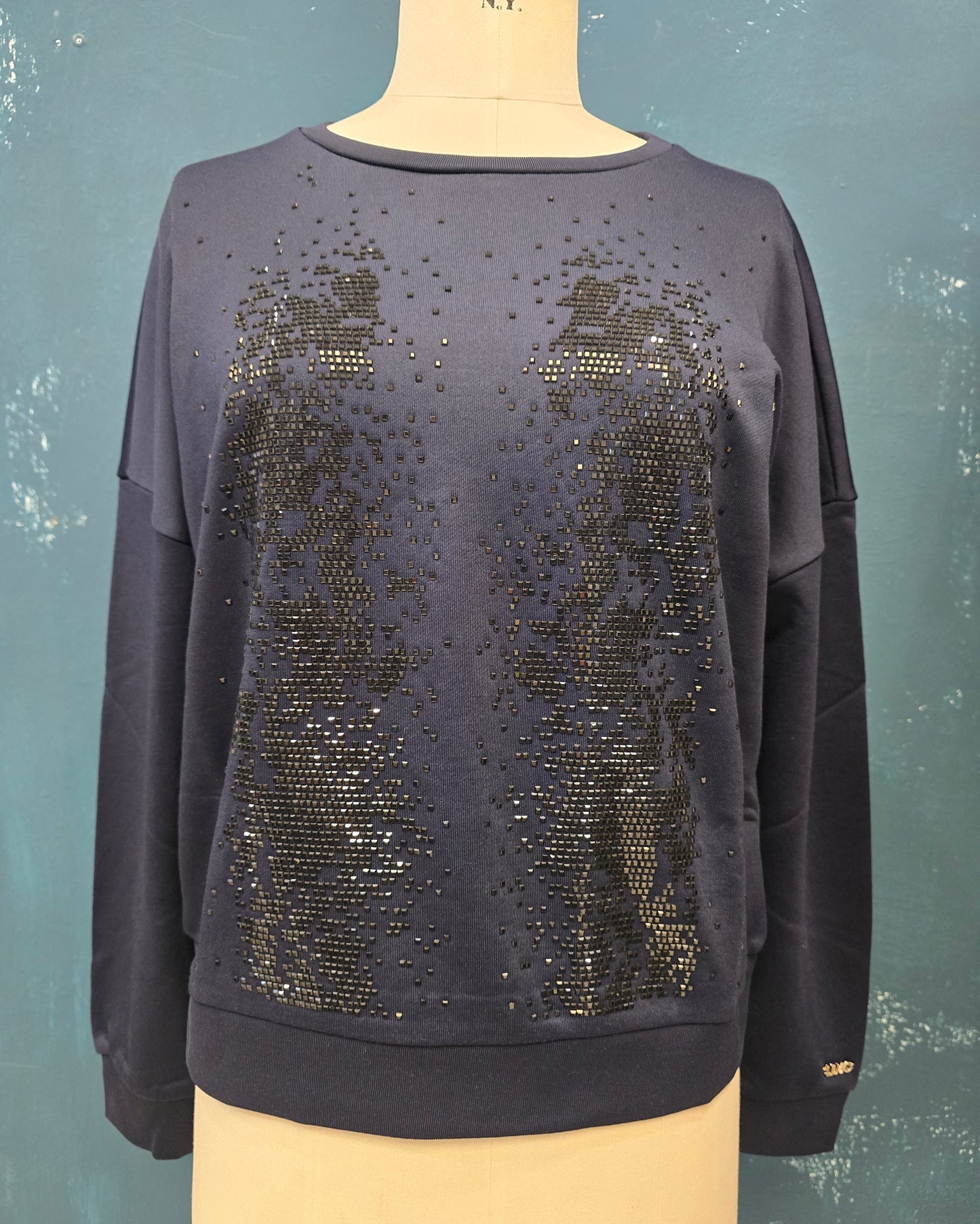 Felpa Paricollo Cotone Felpato Blu Borchie Davanti Taglia 42