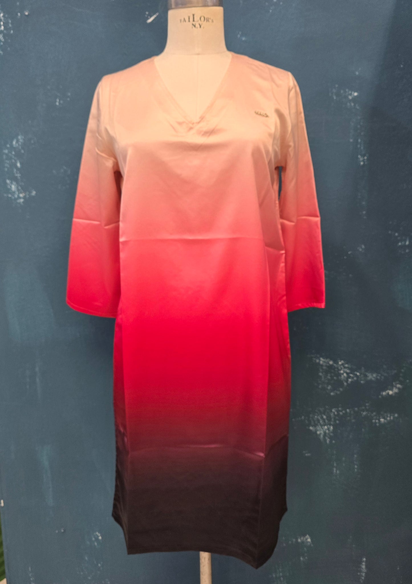 Abito Raso Scollato V Tunica Effetto Sfumato Bordeaux Rosa Taglia 42