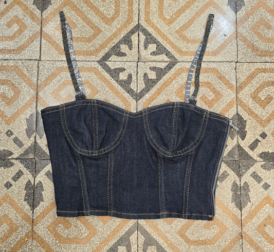 Top Bustino Corto Spalline Strass Jeans Zip Laterale Taglia 42