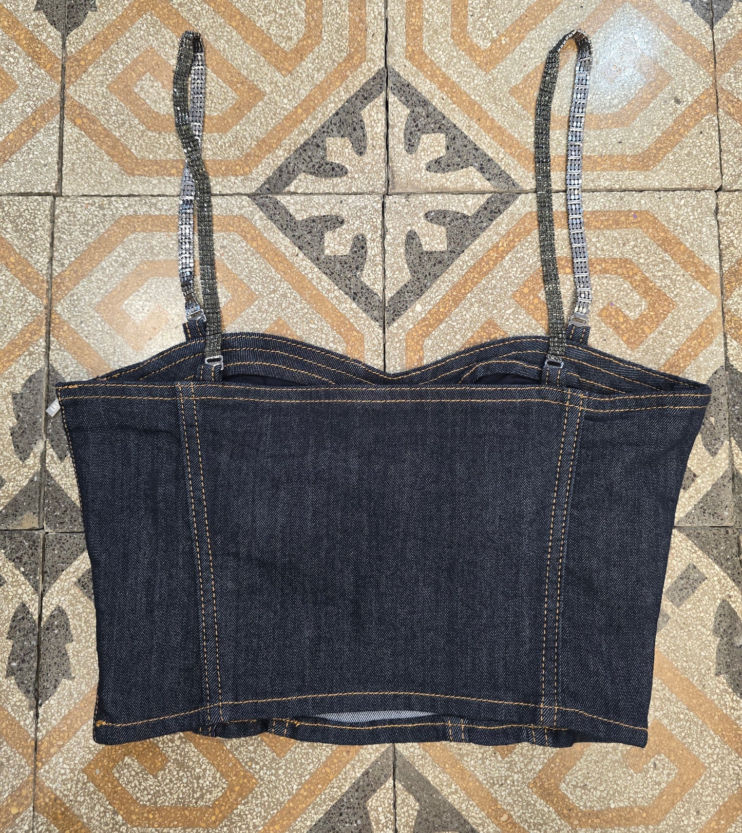 Top Bustino Corto Spalline Strass Jeans Zip Laterale Taglia 42