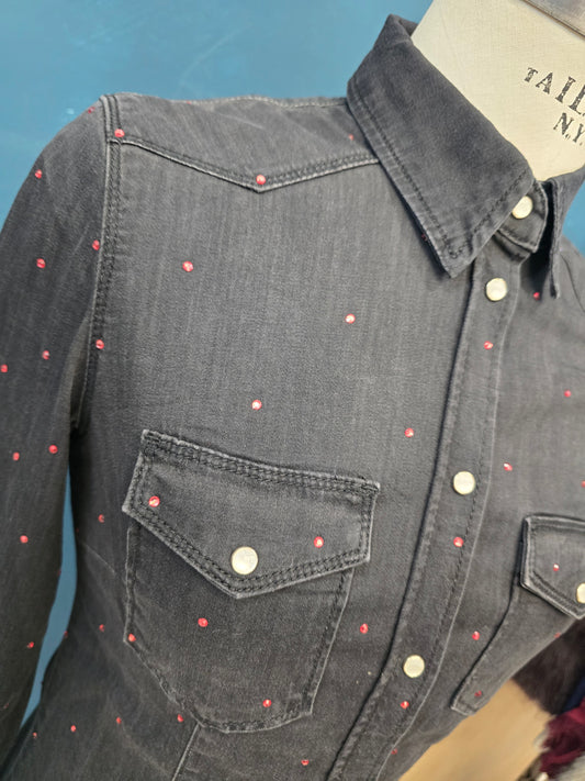 Camicia Jeans Nero Strass Colorati Avvitata Taglia 42