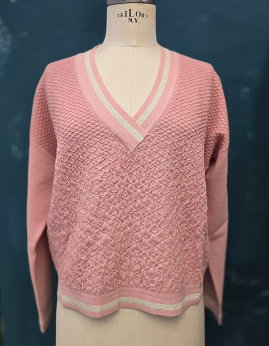 Maglia Lavorazione Rilievo Scollo V Rosa Taglia S