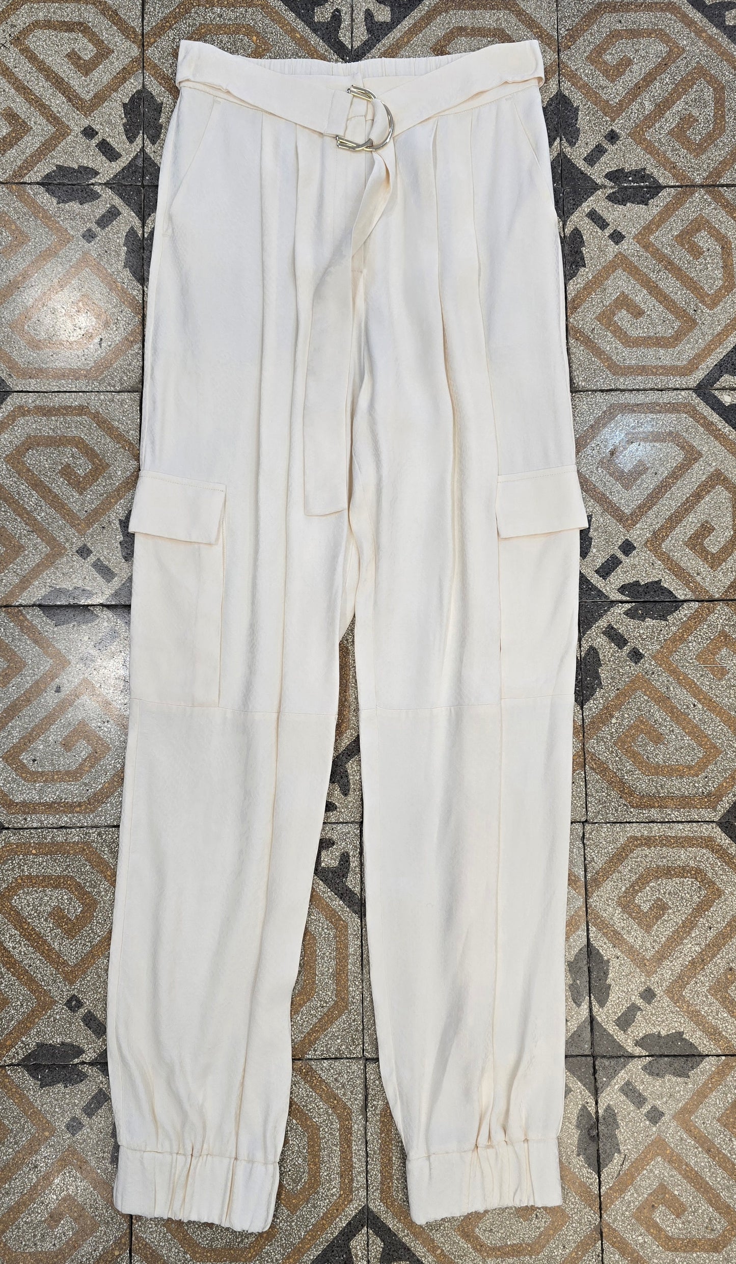 Pantalone Tessuto Raso Operato Tono Tono Cargo Avorio Taglia 42