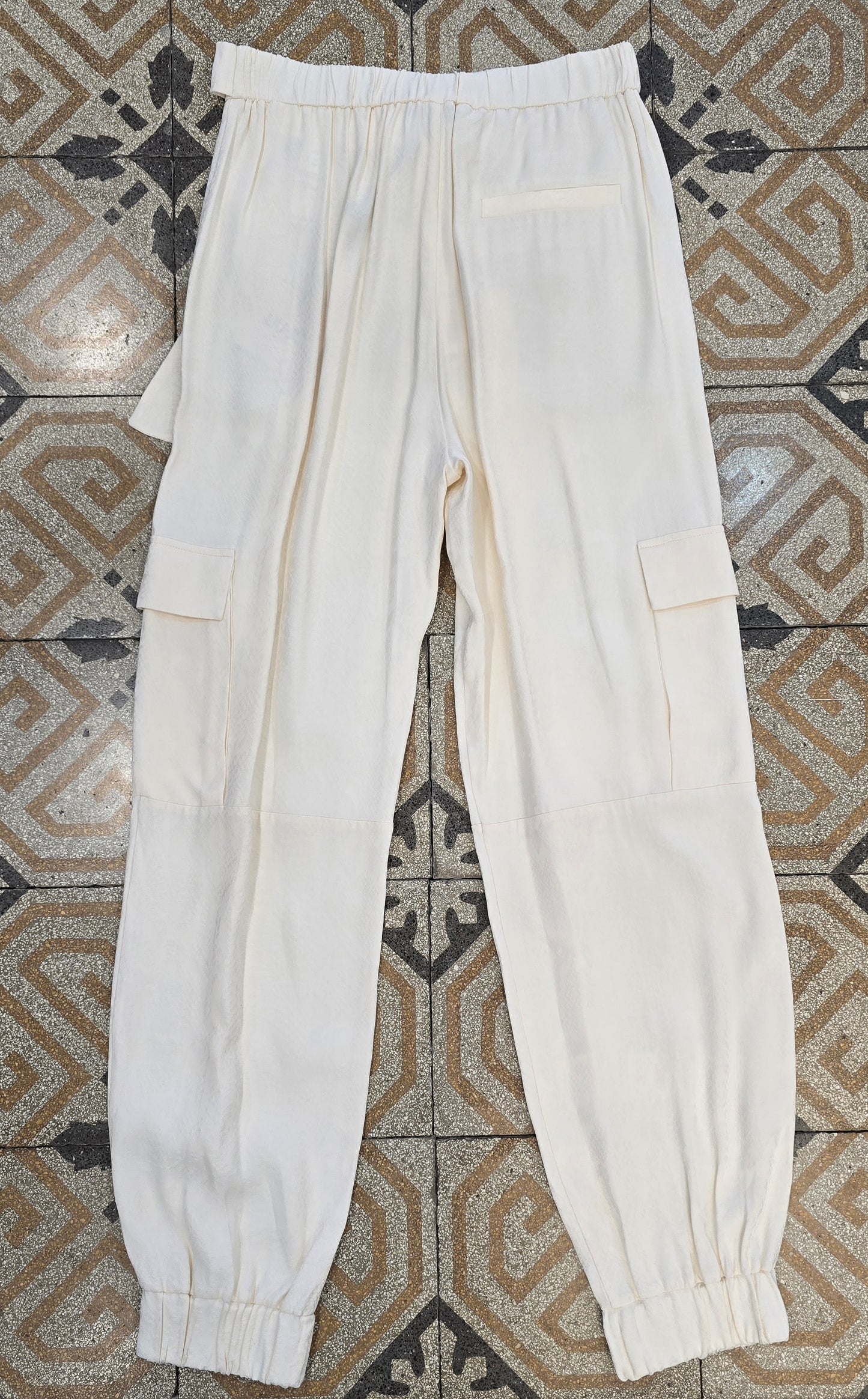 Pantalone Tessuto Raso Operato Tono Tono Cargo Avorio Taglia 42