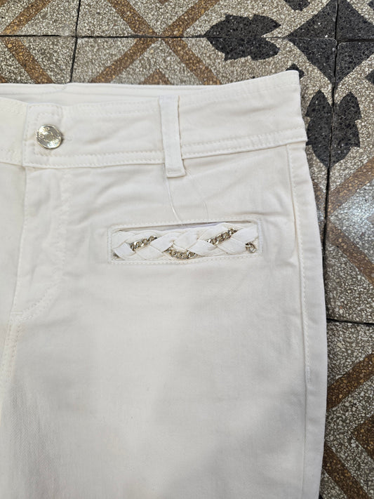 Jeans Elasticizzato Avorio Rifiniture Catene Dorate Tasche Zampetta Taglia 42