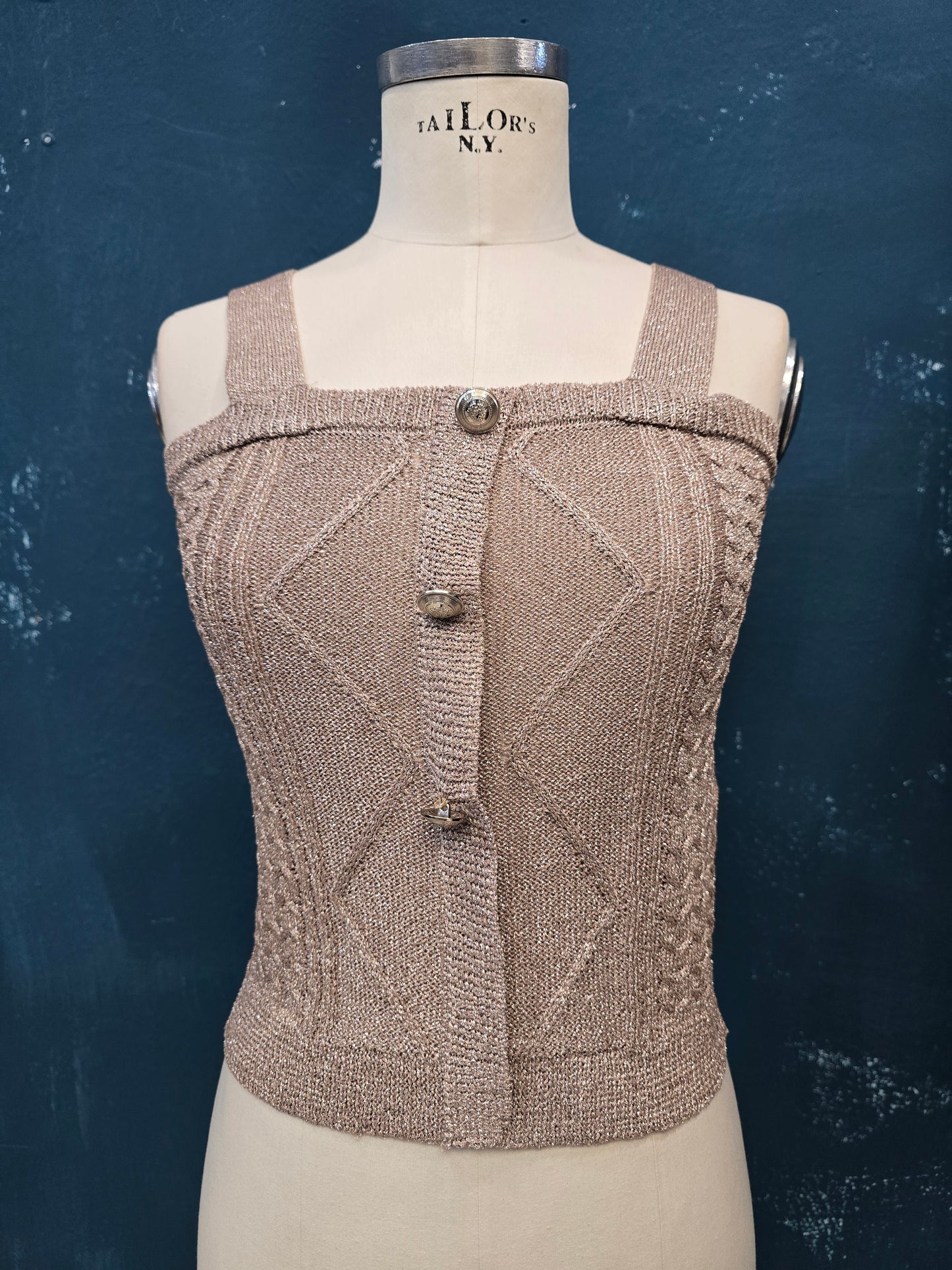 Top Fascia Filo Lurex Oro Lavorazione Rilievo Spalline Larghe Bottoni Oro Taglia 42