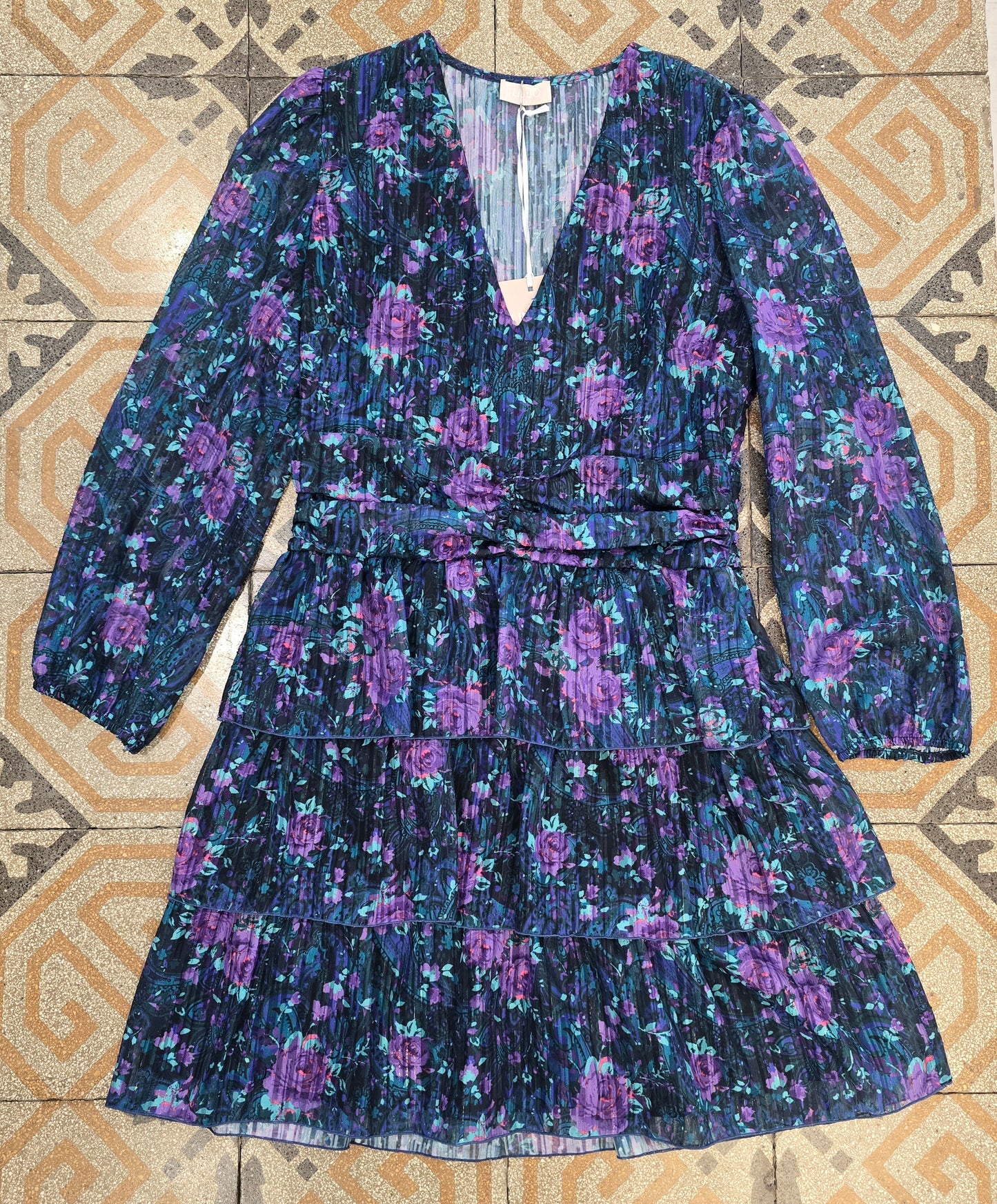 Abito Fantasia Scollo V Punto Vita Segnato Gonna Balze Taglia 42