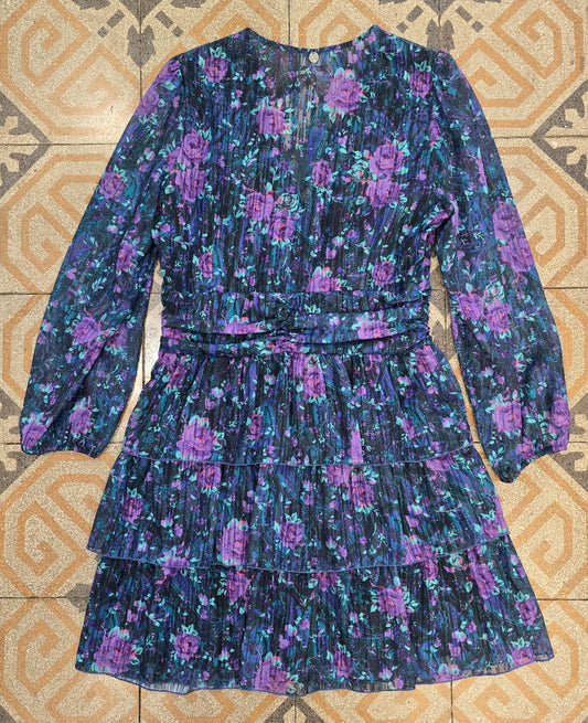 Abito Fantasia Scollo V Punto Vita Segnato Gonna Balze Taglia 42