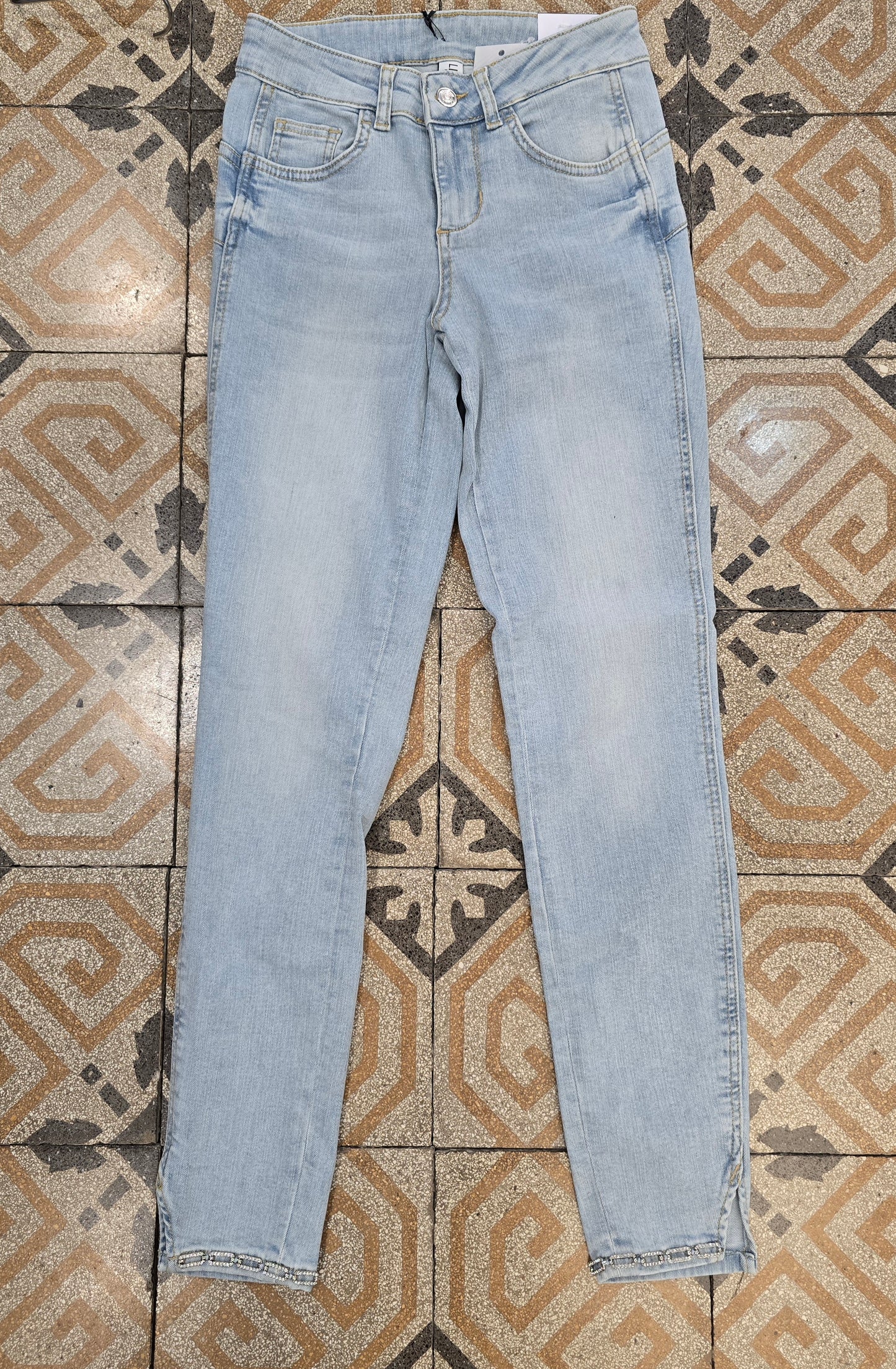 Jeans Elasticizzato Skinny Celeste Chiaro Strass Orlo Taglia 40