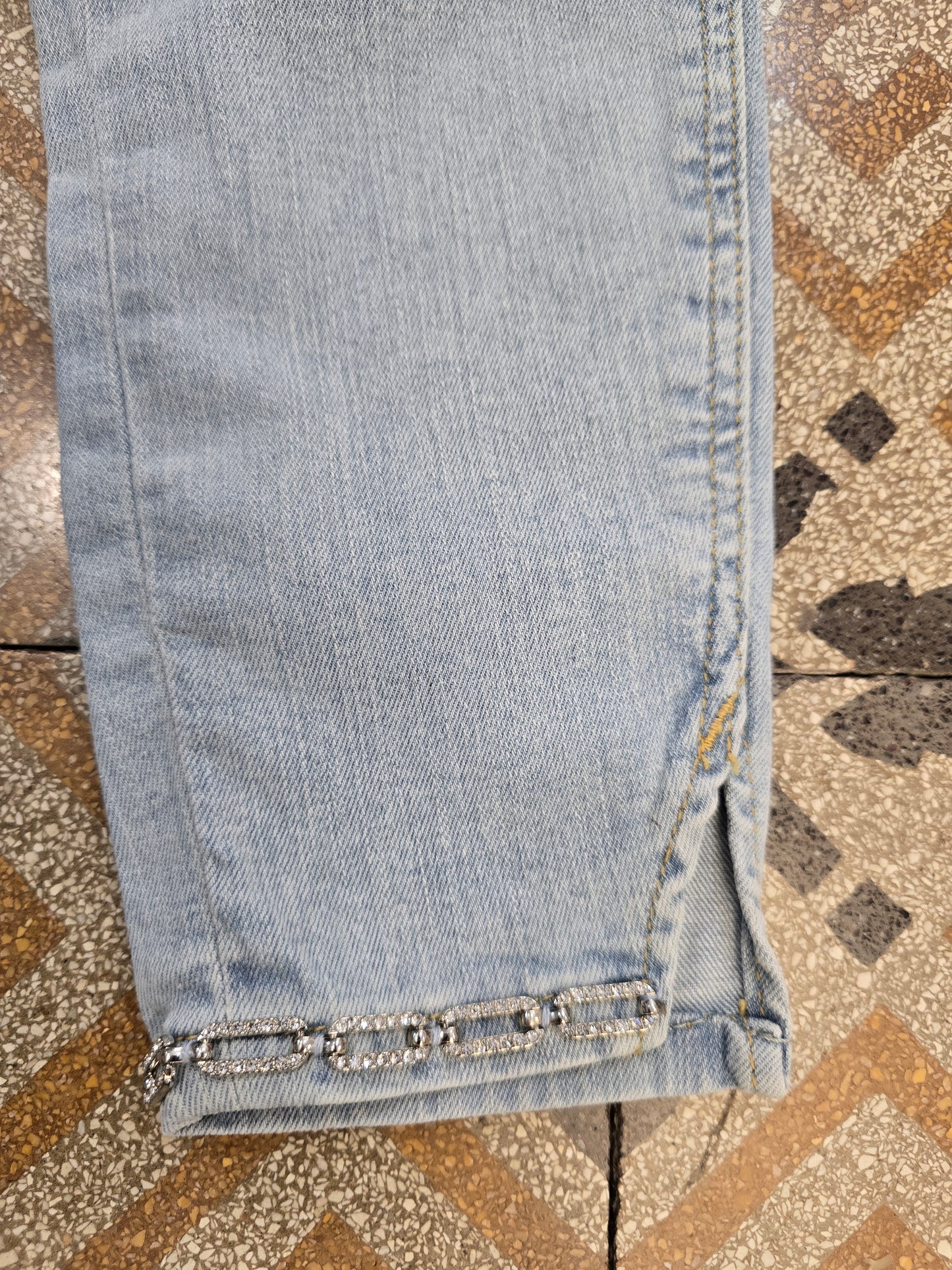 Jeans Elasticizzato Skinny Celeste Chiaro Strass Orlo Taglia 40