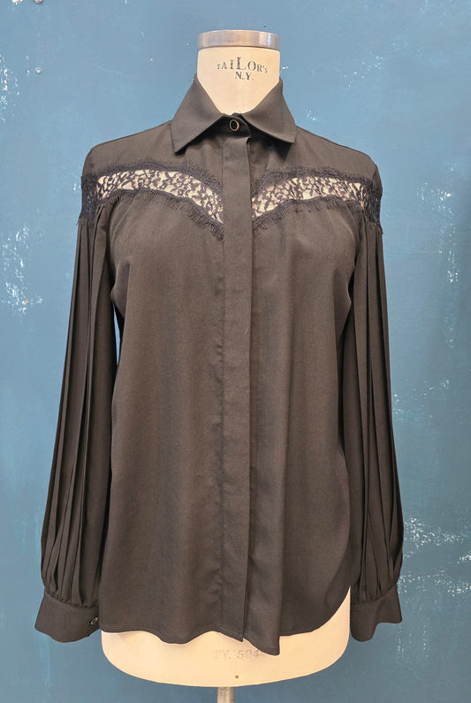 Camicia Inserti Pizzo Maniche Plissè Nero Colletto Taglia 42