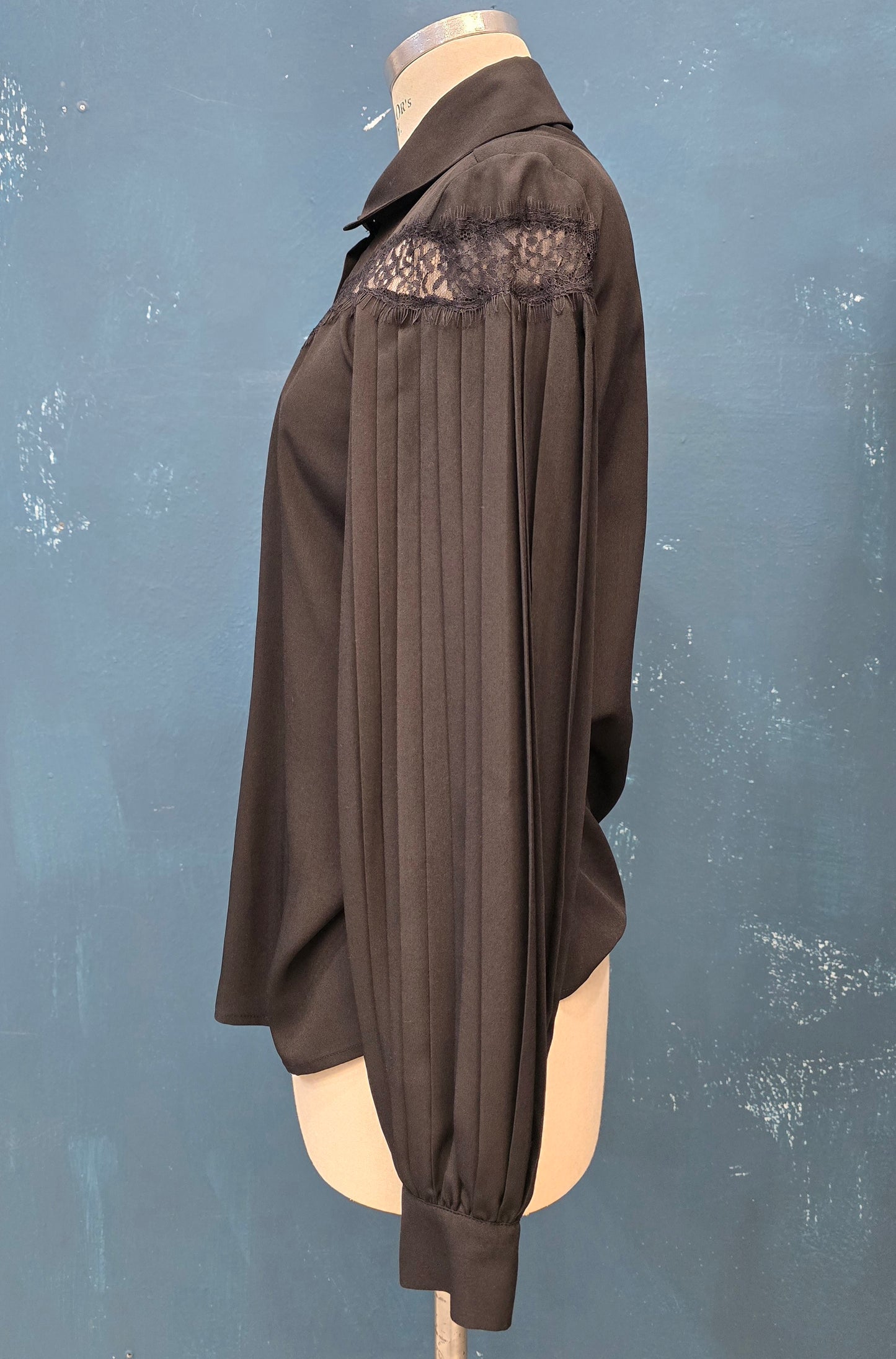 Camicia Inserti Pizzo Maniche Plissè Nero Colletto Taglia 42