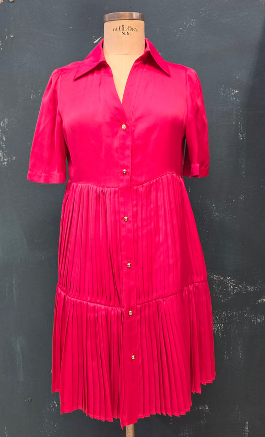 Abito Chemisier Raso Mezze Maniche Vita Gonna Balze Plissettate Fucsia Ginocchio Taglia 42