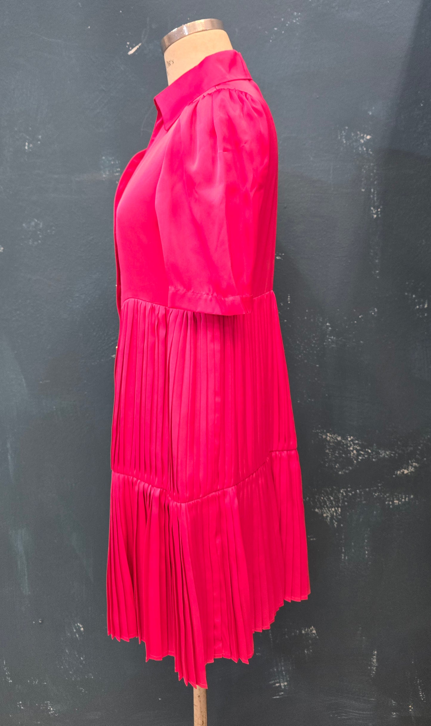 Abito Chemisier Raso Mezze Maniche Vita Gonna Balze Plissettate Fucsia Ginocchio Taglia 42