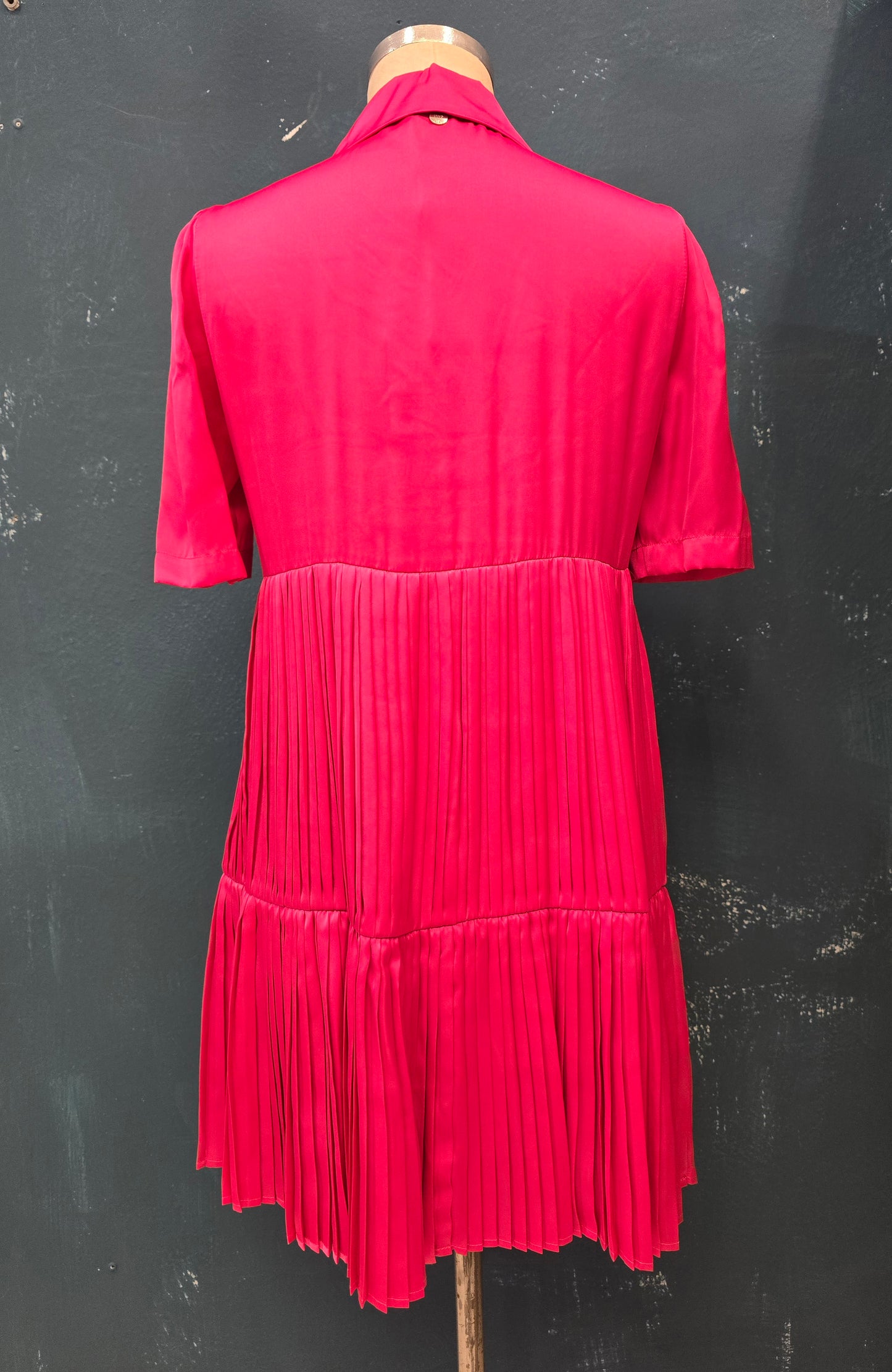 Abito Chemisier Raso Mezze Maniche Vita Gonna Balze Plissettate Fucsia Ginocchio Taglia 42