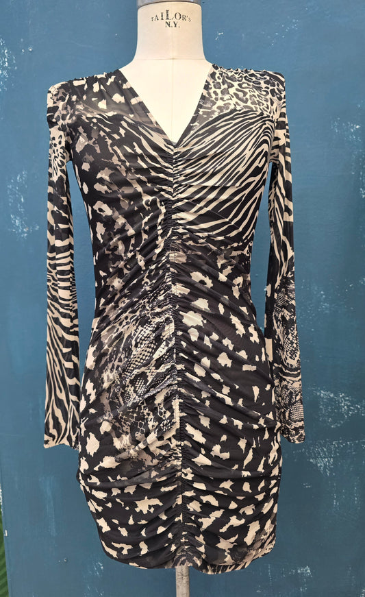 Abito Tulle Fantasia Bianco Nero Foderato Aderente Arricciatura Scollo V Spalline Taglia 42