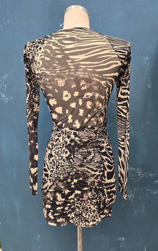 Abito Tulle Fantasia Bianco Nero Foderato Aderente Arricciatura Scollo V Spalline Taglia 42