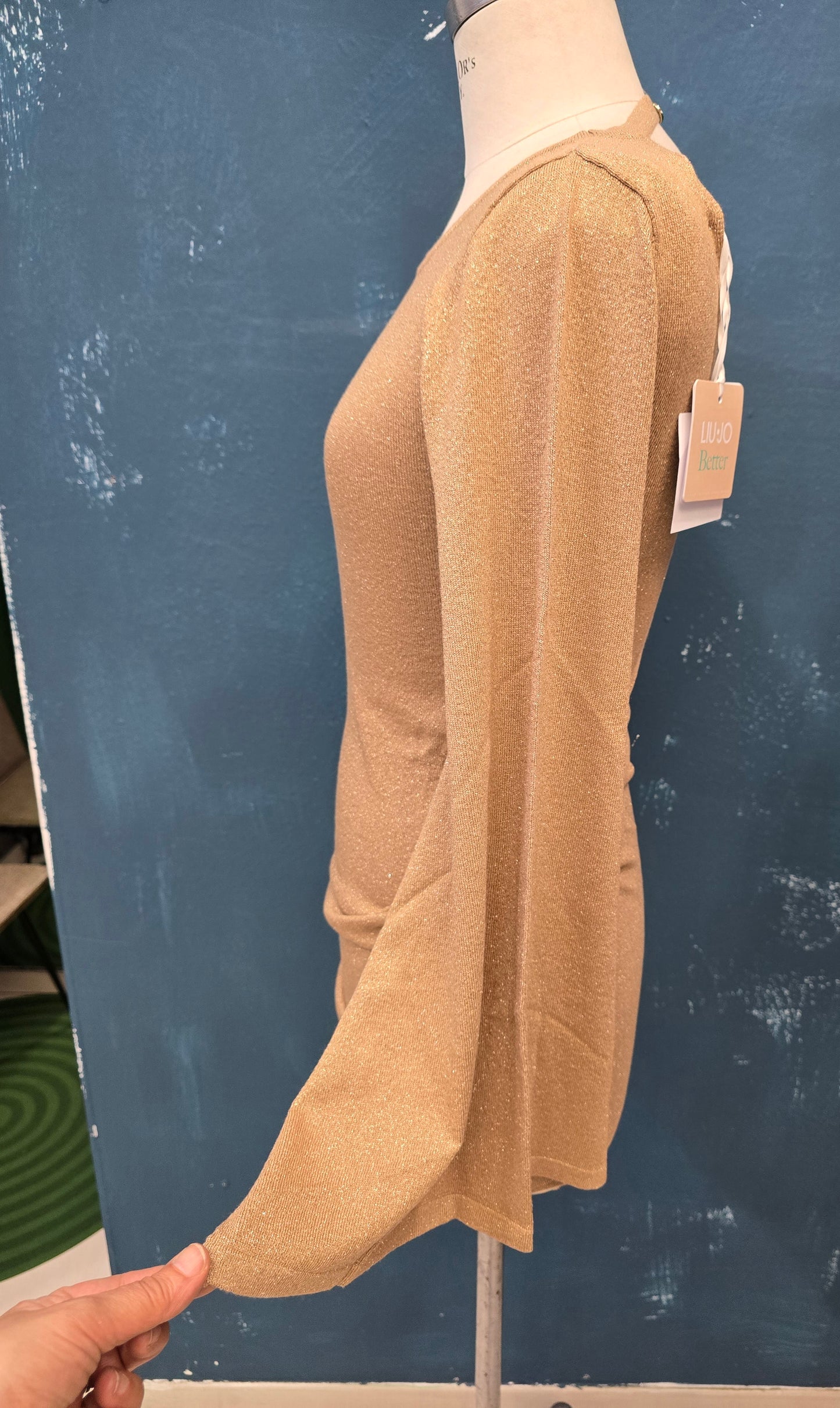 Abito Maglia Lurex Rasata Aderente Manica Trapezio Scollatura Dietro Oro Ginocchio Taglia 42