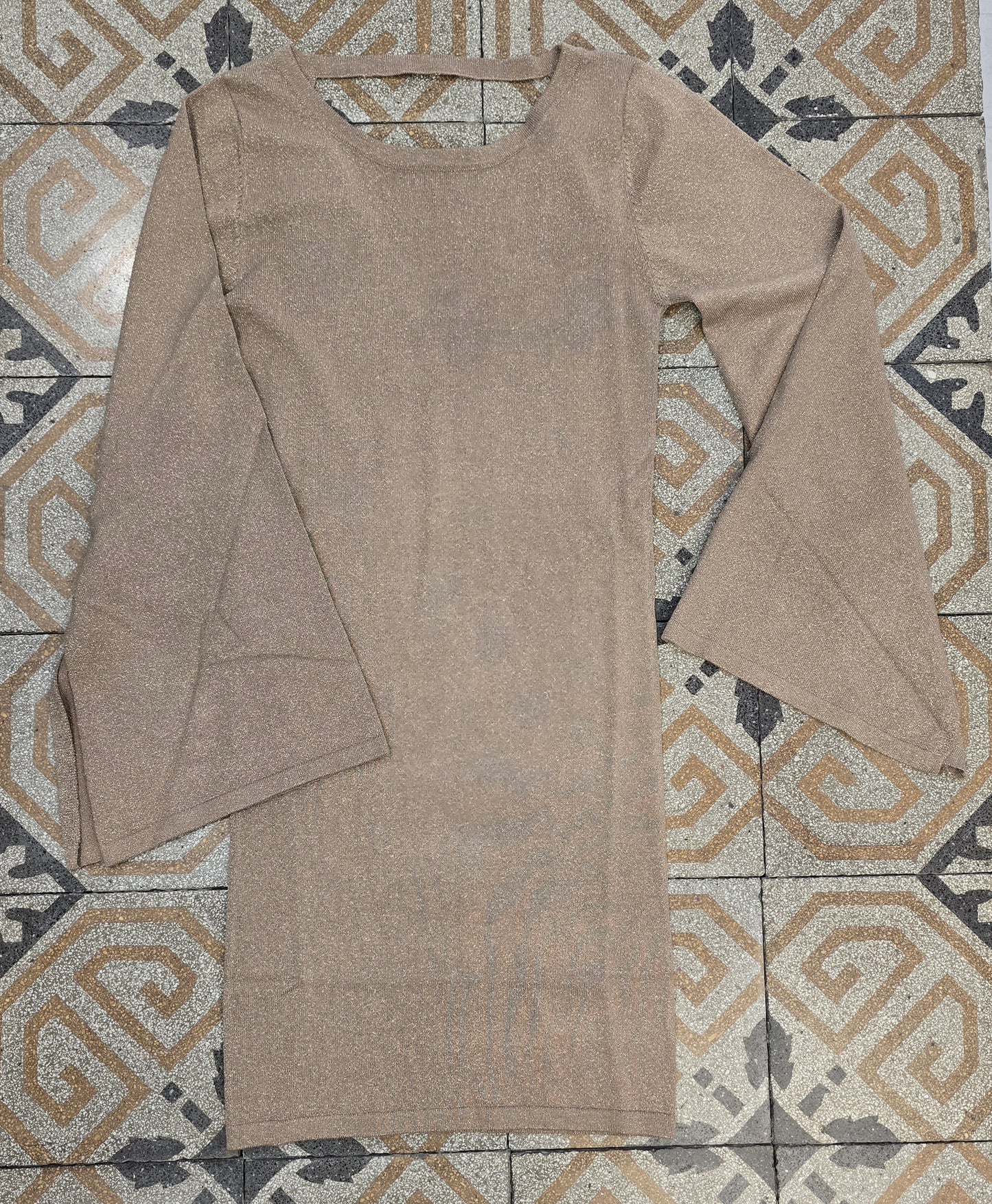 Abito Maglia Lurex Rasata Aderente Manica Trapezio Scollatura Dietro Oro Ginocchio Taglia 42