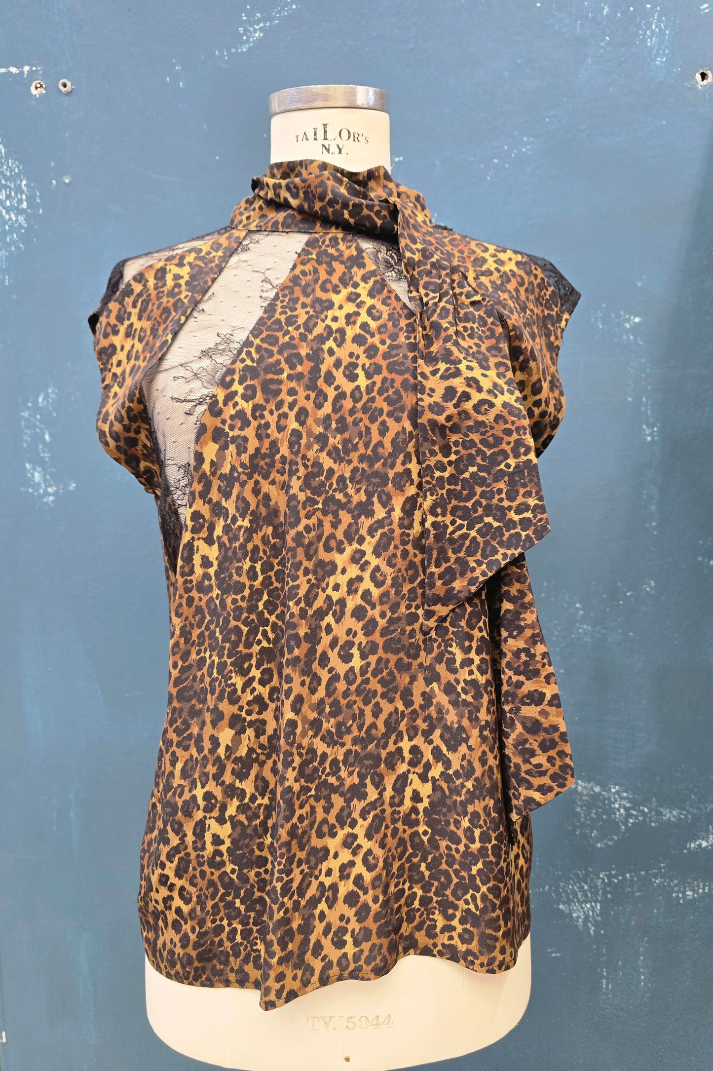 Blusa Pura Seta Fantasia Animalier Smanicata Fusciacca Collo Inserti Pizzo Taglia S