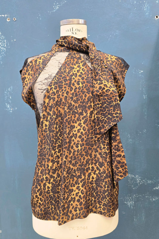Blusa Pura Seta Fantasia Animalier Smanicata Fusciacca Collo Inserti Pizzo Taglia S