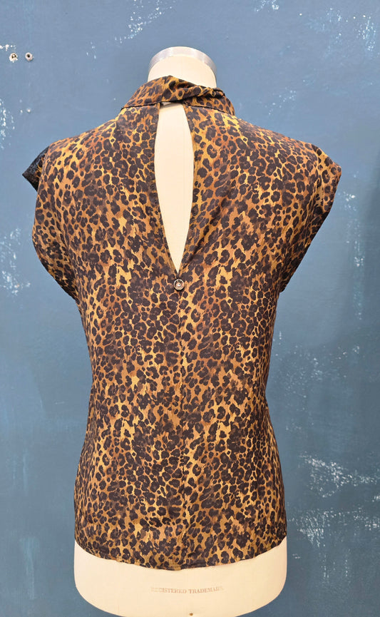 Blusa Pura Seta Fantasia Animalier Smanicata Fusciacca Collo Inserti Pizzo Taglia S