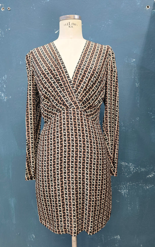 Abito Pura Seta Fantasia Scollo V Tagliato Sotto Seno Nero Marrone Bianco Taglia 42