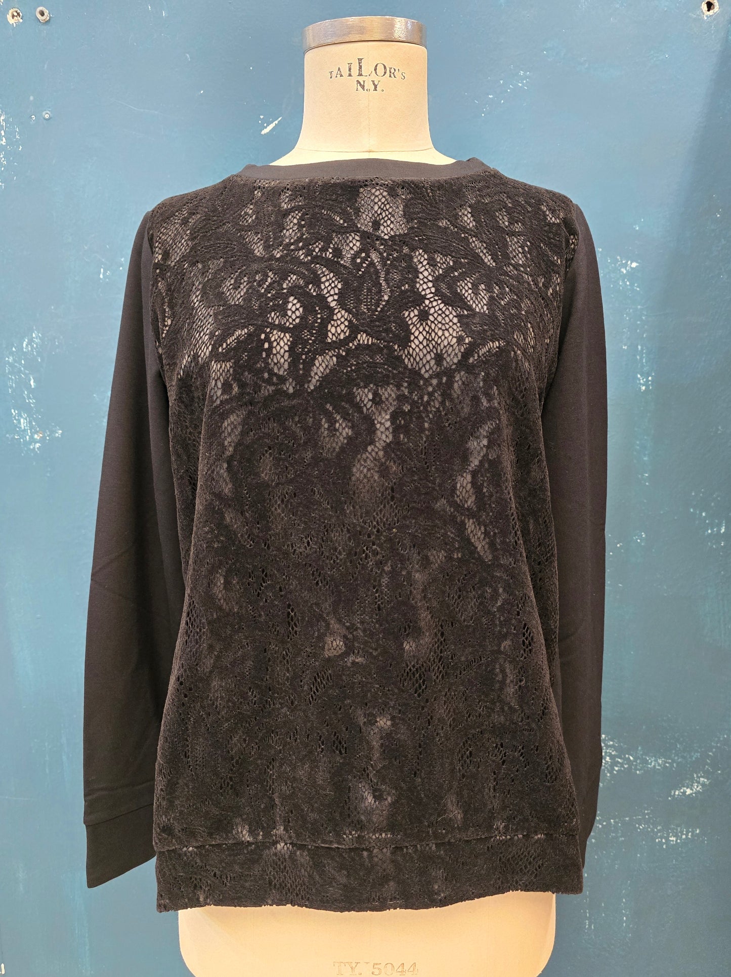 Felpa Cotone Leggermente Felpato Paricollo Pizzo Velluto Davanti Nero Taglia S