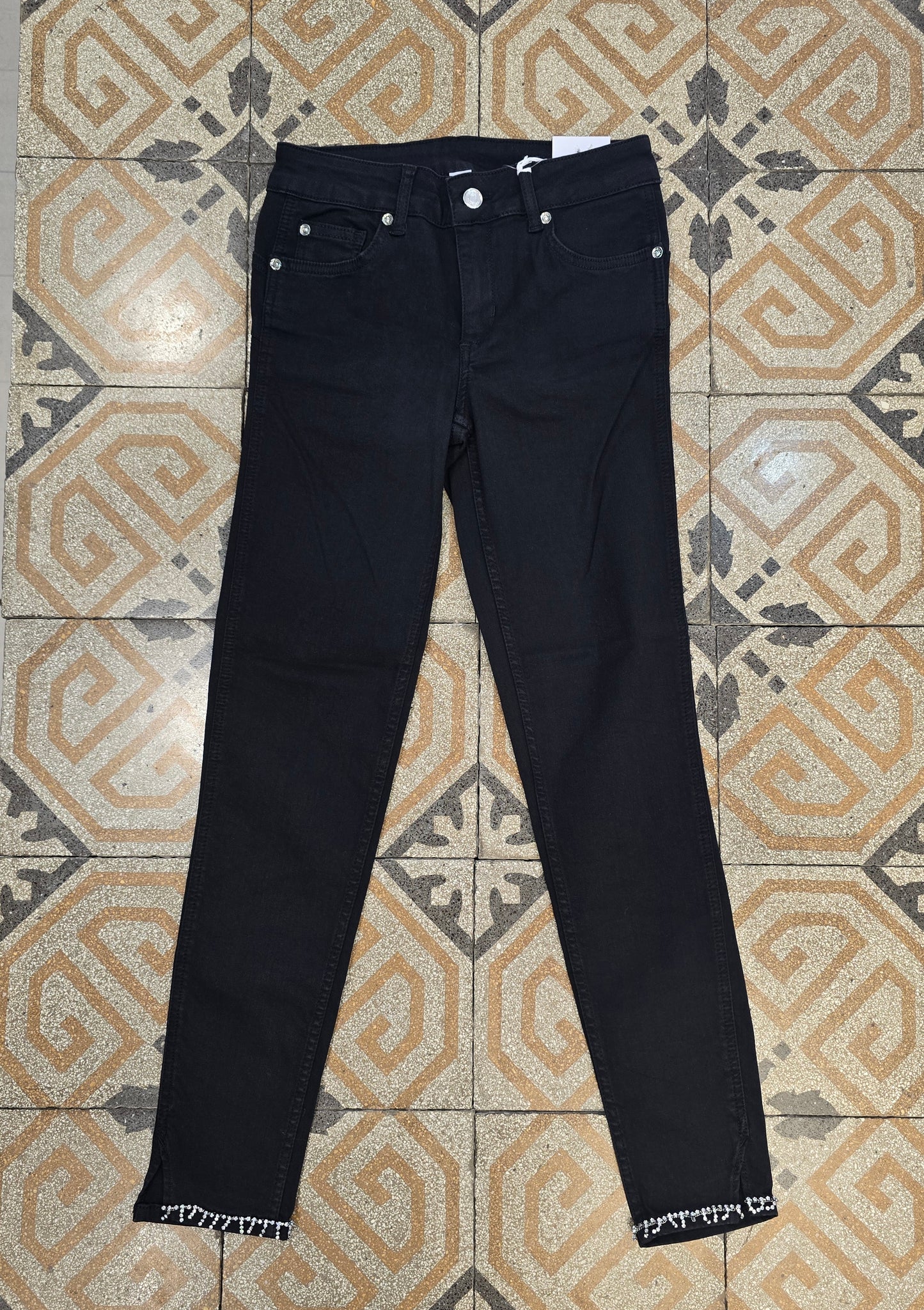 Jeans Elasticizzato Skinny Nero Strass Applicati Orlo Taglia 27