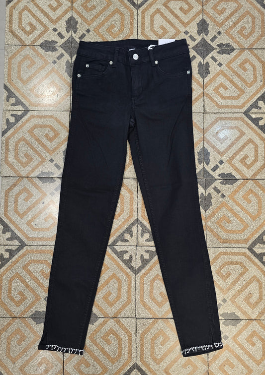 Jeans Elasticizzato Skinny Nero Strass Applicati Orlo Taglia 27