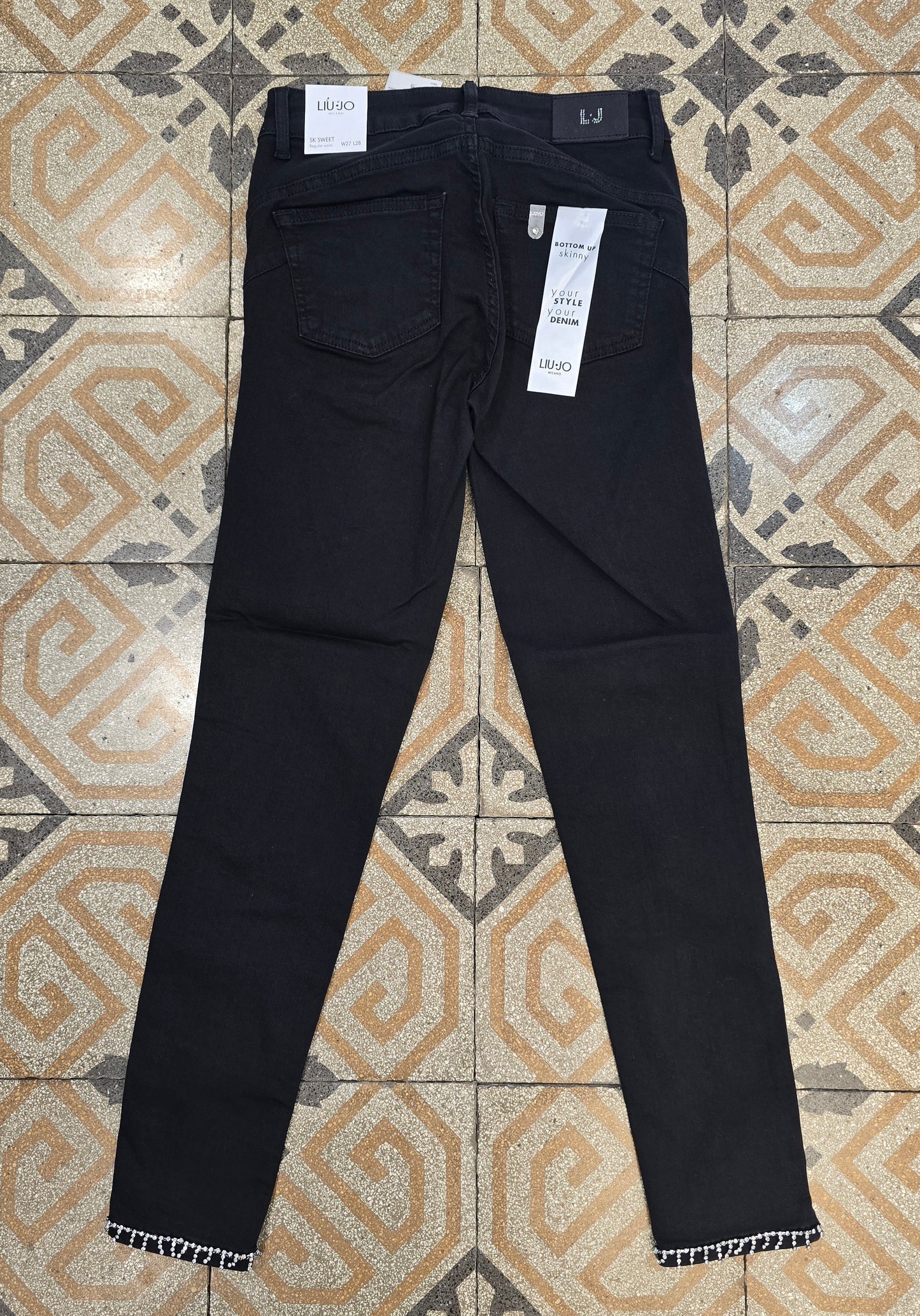 Jeans Elasticizzato Skinny Nero Strass Applicati Orlo Taglia 27