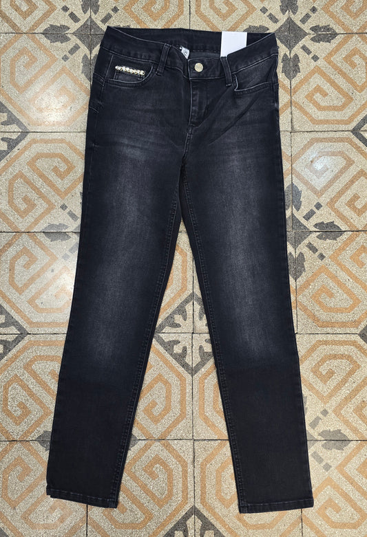 Jeans Elasticizzato Skinny Dettaglio Pietre Tasca Nero Taglia 42