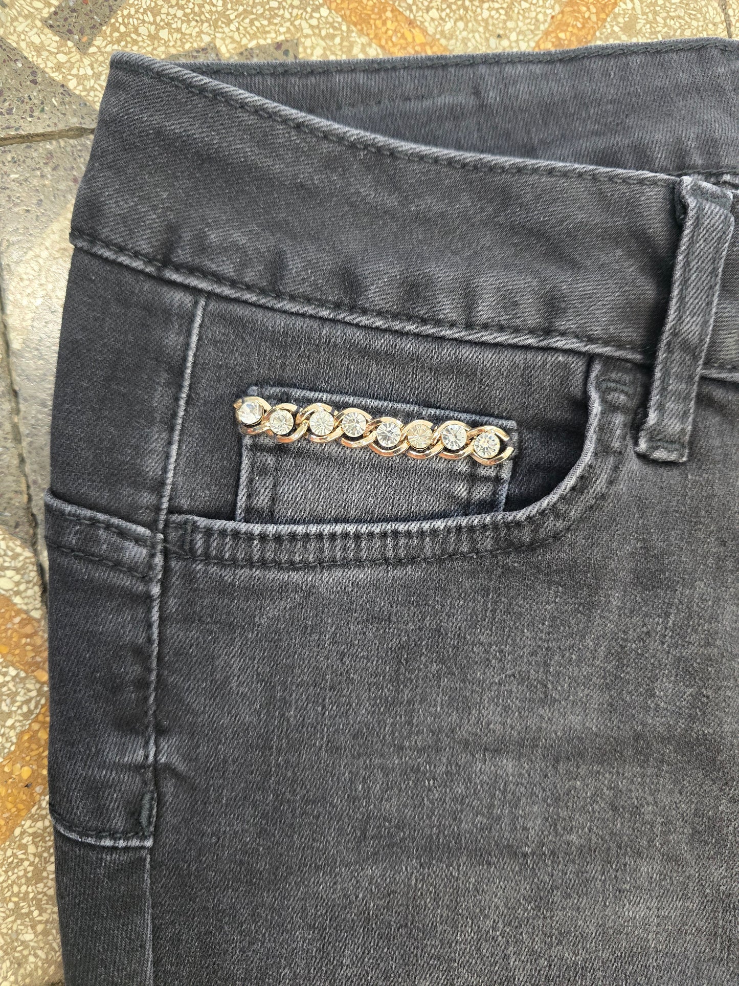 Jeans Elasticizzato Skinny Dettaglio Pietre Tasca Nero Taglia 42