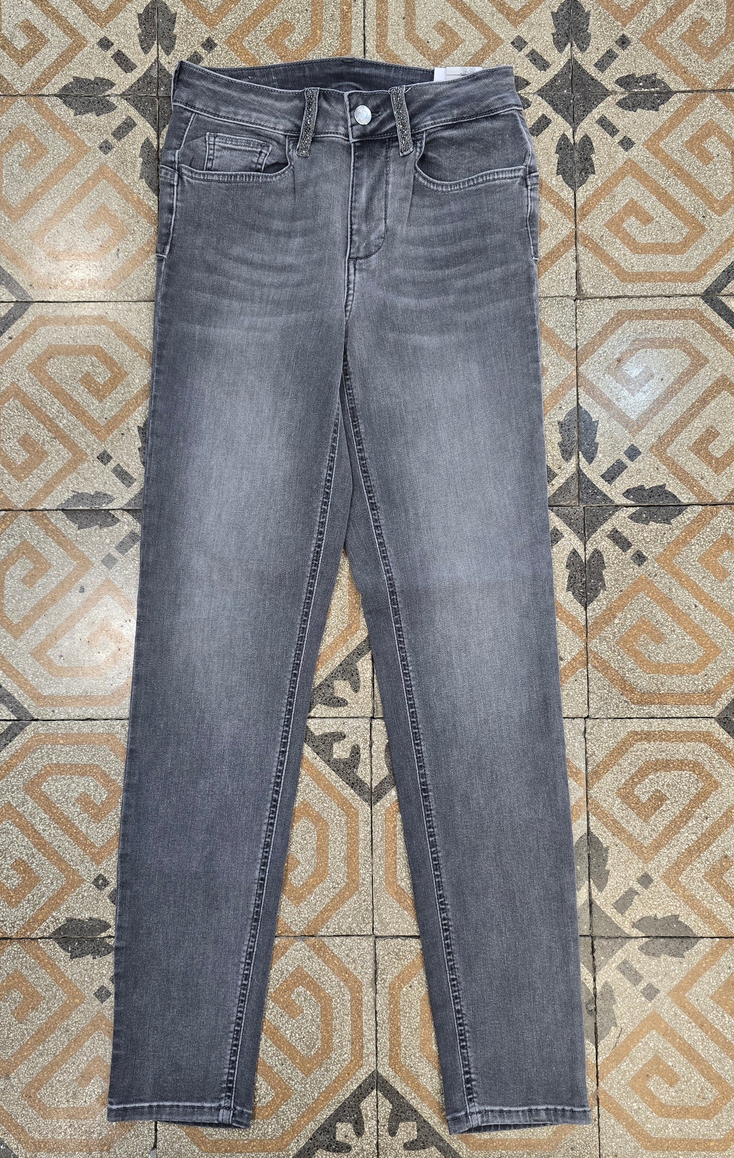 Jeans Skinny Denim Elasticizzato Grigio Medio Passanti Strass Taglia 40